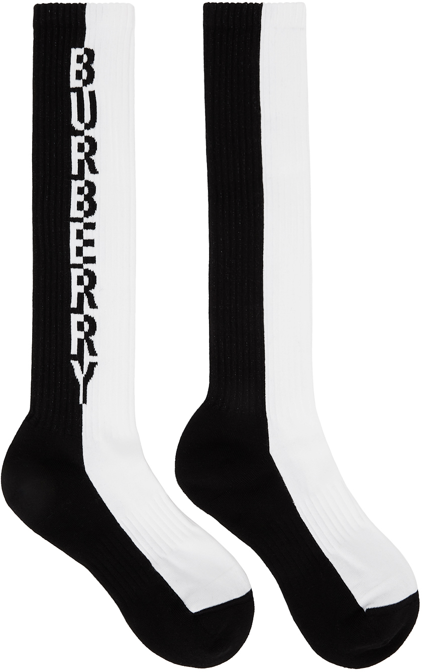 Burberry White & Black Two-Tone Intarsia Logo Knee-High Socks Burberry