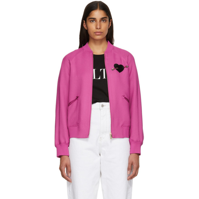 Valentino Pink Heart Beaded Embroidered Bomber Jacket Valentino