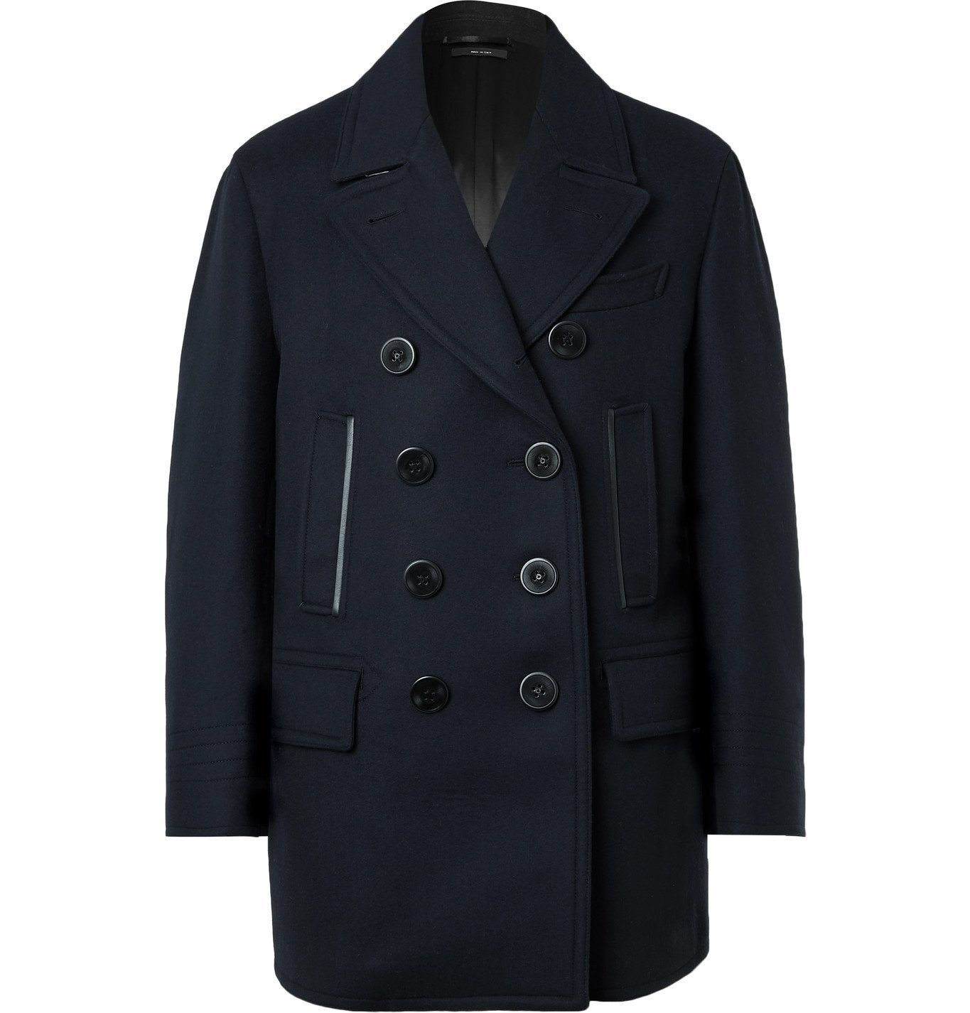 TOM FORD - Slim-Fit Double-Breasted Leather-Trimmed Wool and Cashmere-Blend  Peacoat - Blue TOM FORD