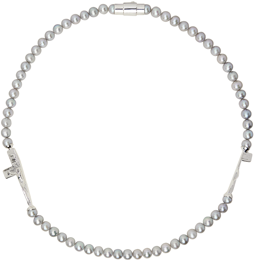 SWEETLIMEJUICE Silver Pearl Split Cross Choker SWEETLIMEJUICE