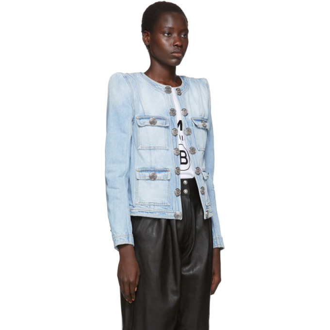 Balmain Blue Collarless Denim Jacket 