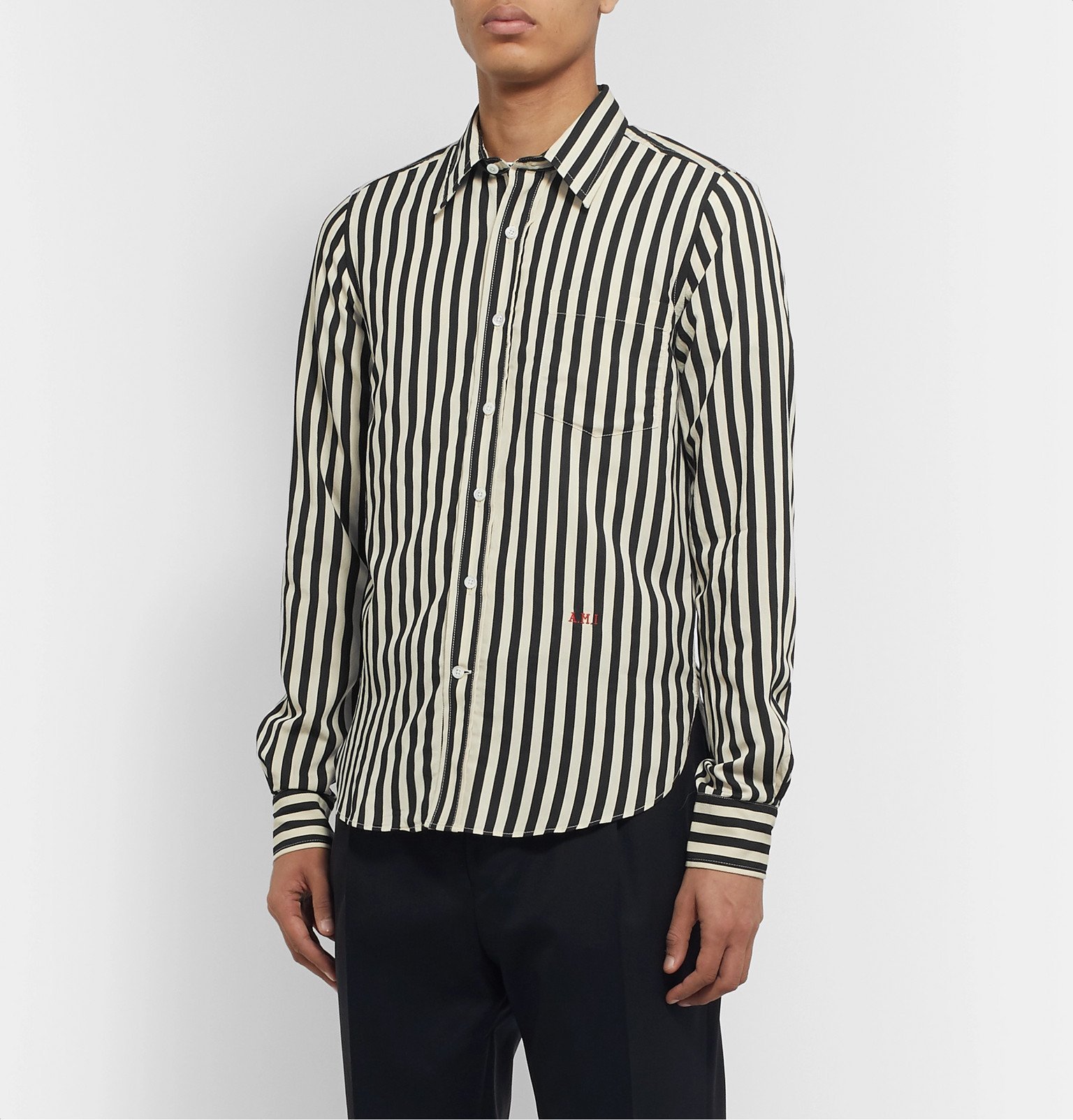 AMI - Slim-Fit Logo-Embroidered Striped Voile Shirt - Black AMI