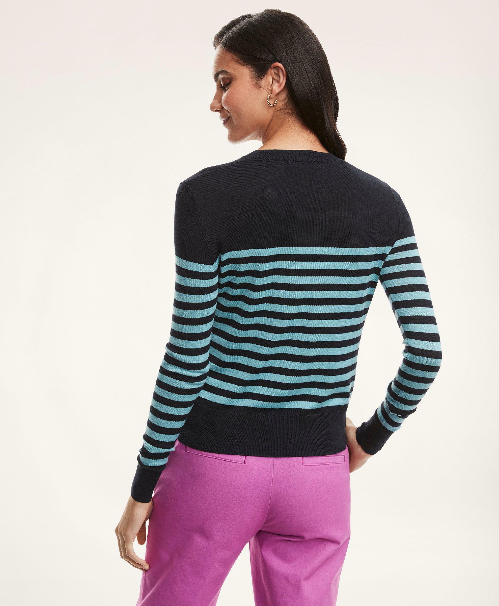Brooks Brothers Women's Silk Cotton Mariner Striped Swan Sweater | Navy