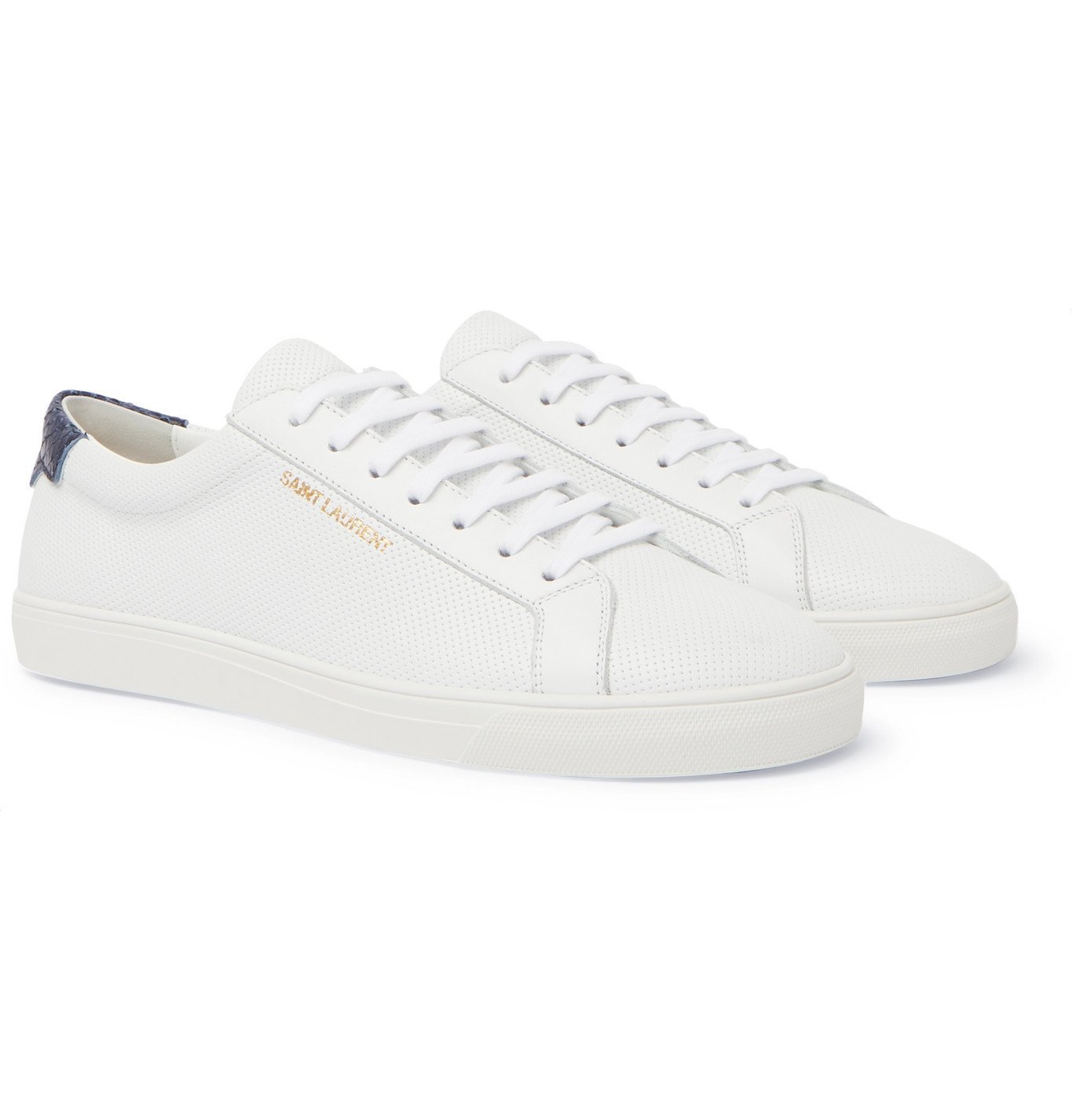 SAINT LAURENT - Andy Snake Effect-Trimmed Perforated Leather Sneakers ...