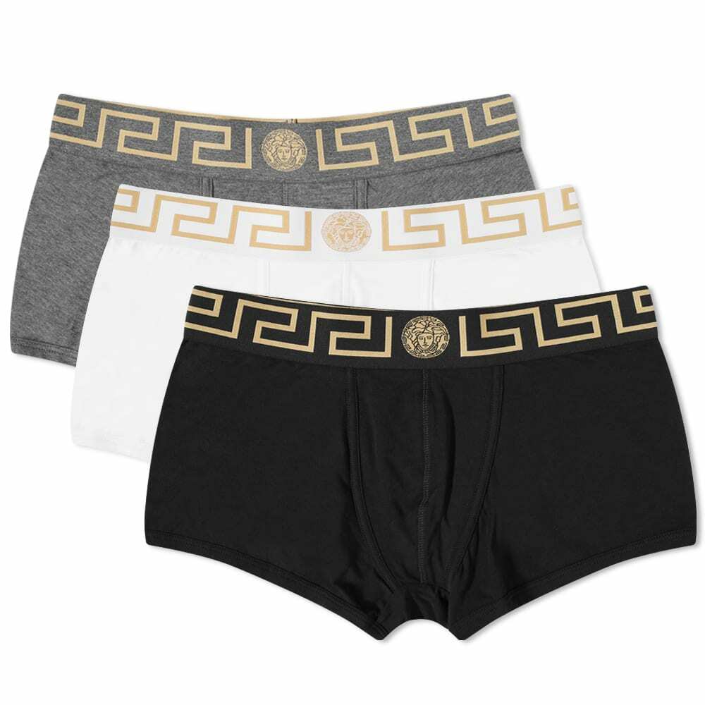 Versace Men's Greek Logo Waistband Boxer Trunk - 3 Pack in Black/Grey ...