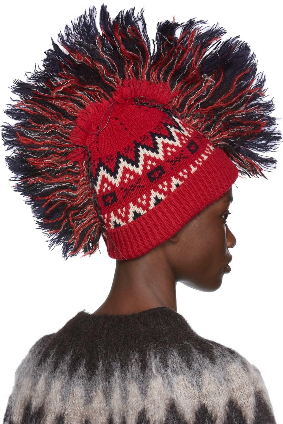 Junya Watanabe Red Wool Fringed Beanie Junya Watanabe