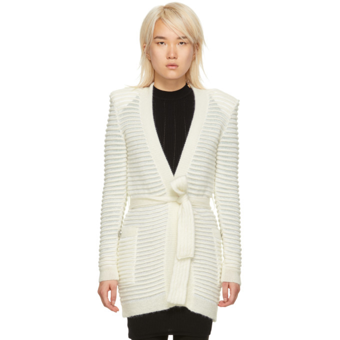 Balmain White Mohair Ribbed Cardigan 
