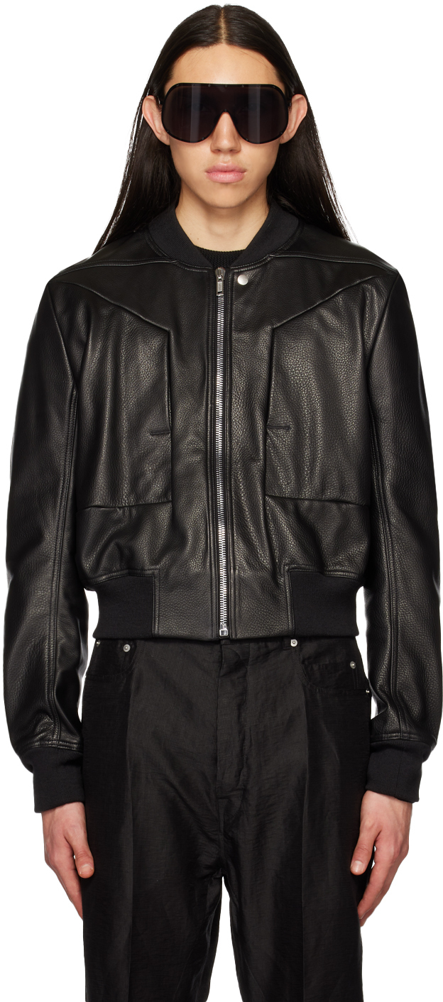 Rick Owens Black Cropped Leather Bomber Jacket Rick Owens