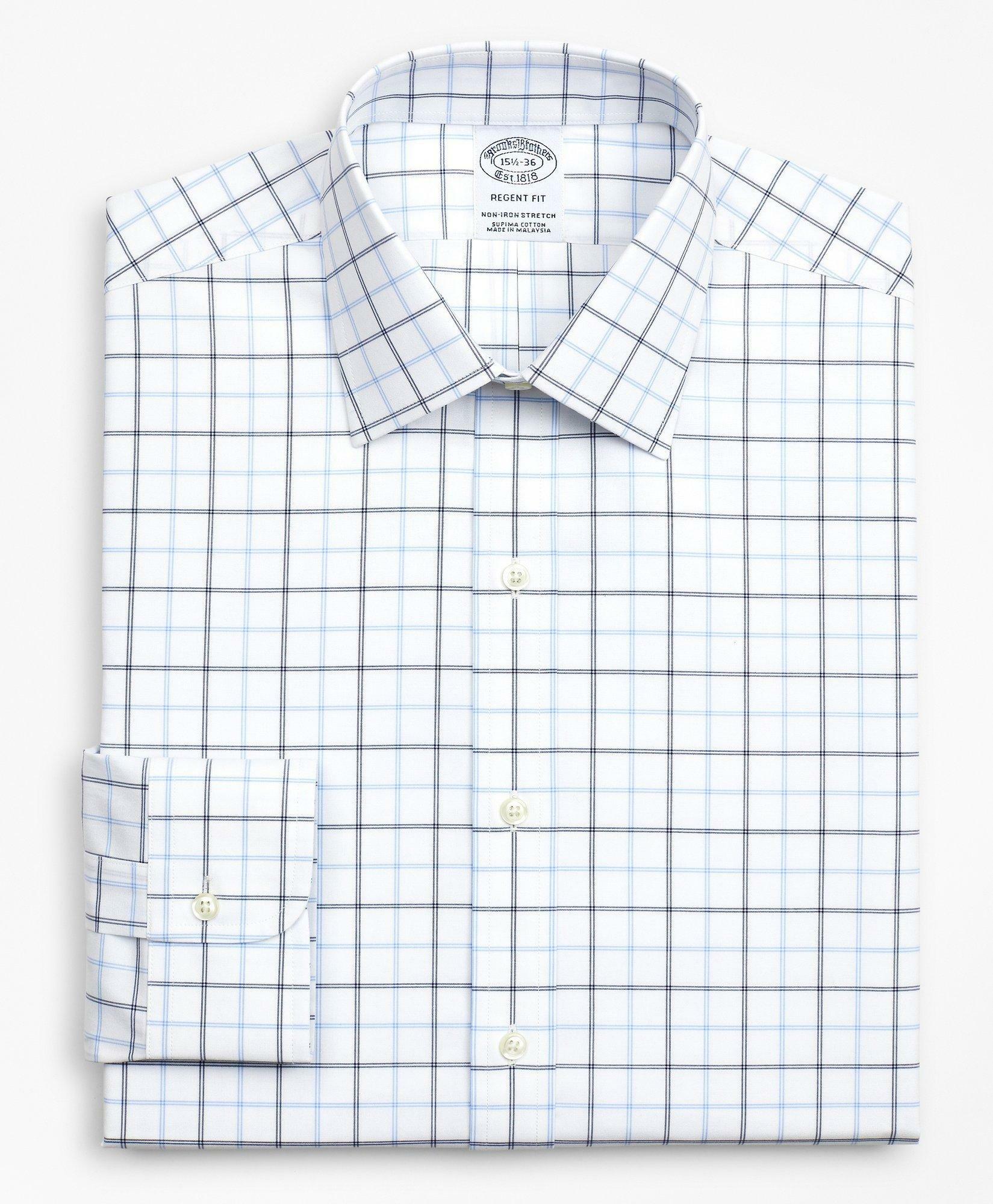 Brooks Brothers Men's Stretch Regent Regular-Fit Dress Shirt, Non-Iron Poplin Ainsley Collar Double-Grid Check | Blue