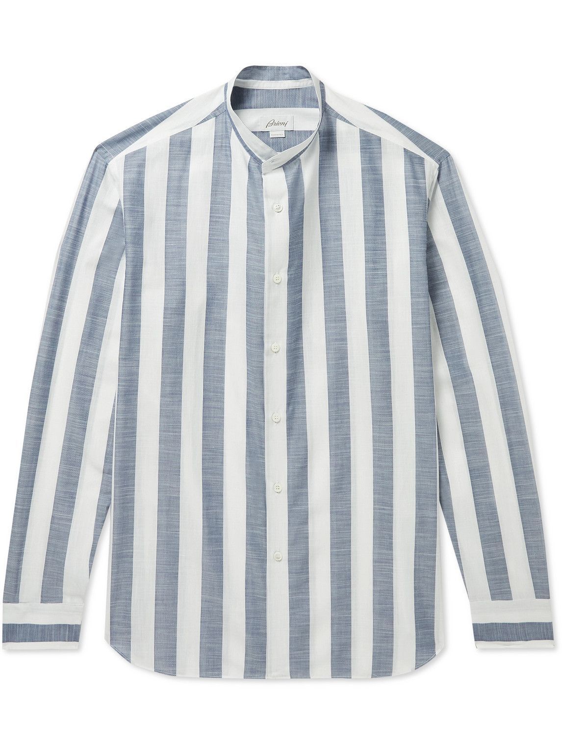 Brioni - Grandad-Collar Striped Cotton Oxford Shirt - Blue Brioni