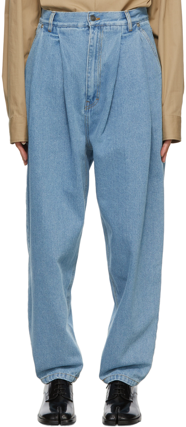 mens pleated denim trousers