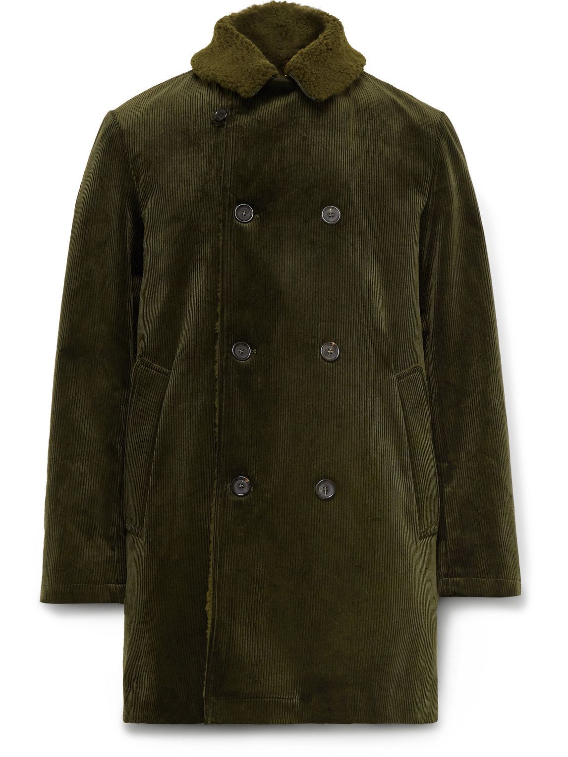 Oliver Spencer - Newington Double-Breasted Faux Shearling-Lined Cotton-Corduroy Coat - Green
