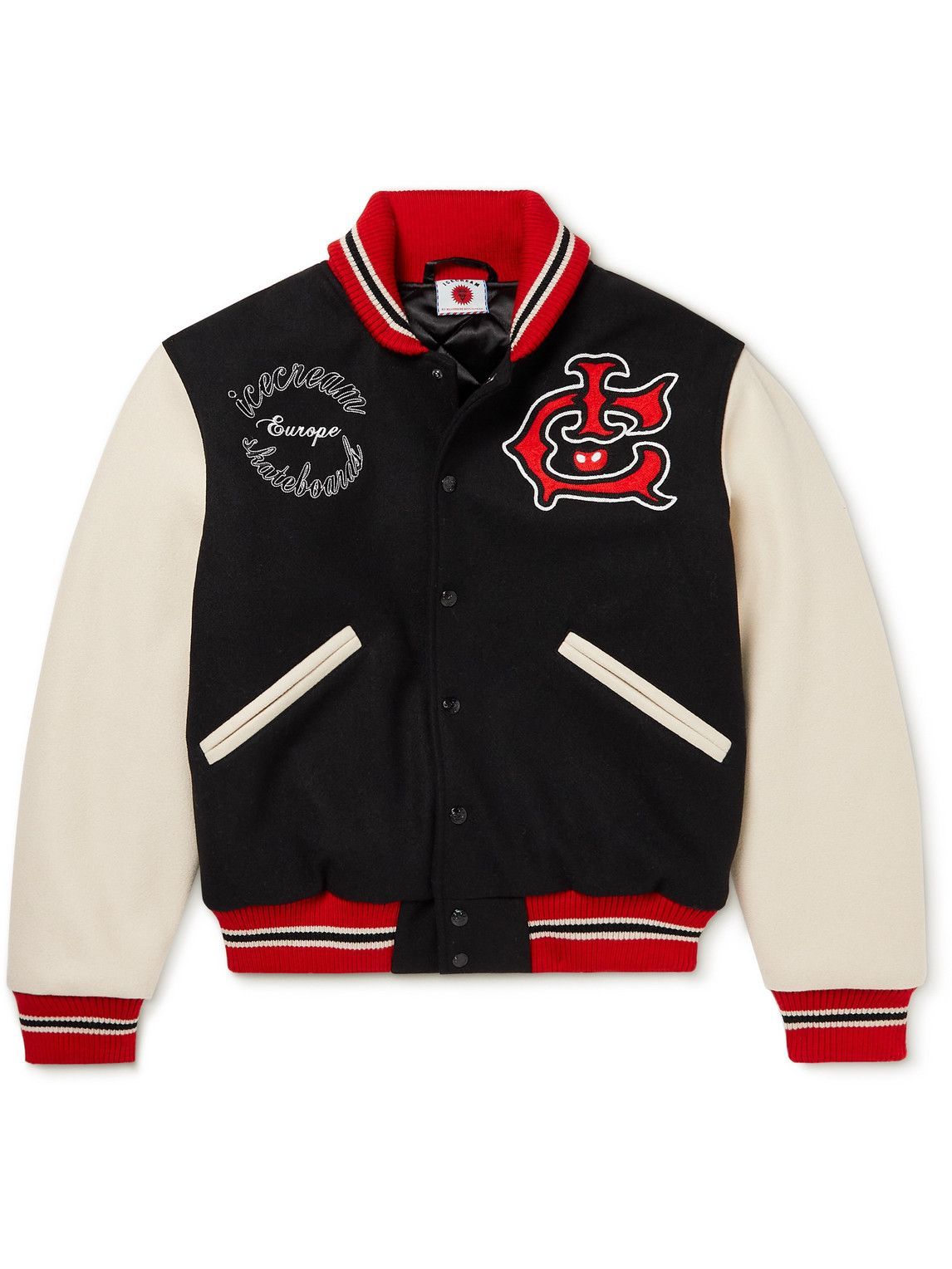 ICECREAM - Appliquéd Embroidered Padded Felt Varsity Jacket - Black