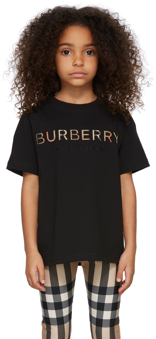 Burberry Kids Black Vintage Check Embroidered Logo T-Shirt Burberry