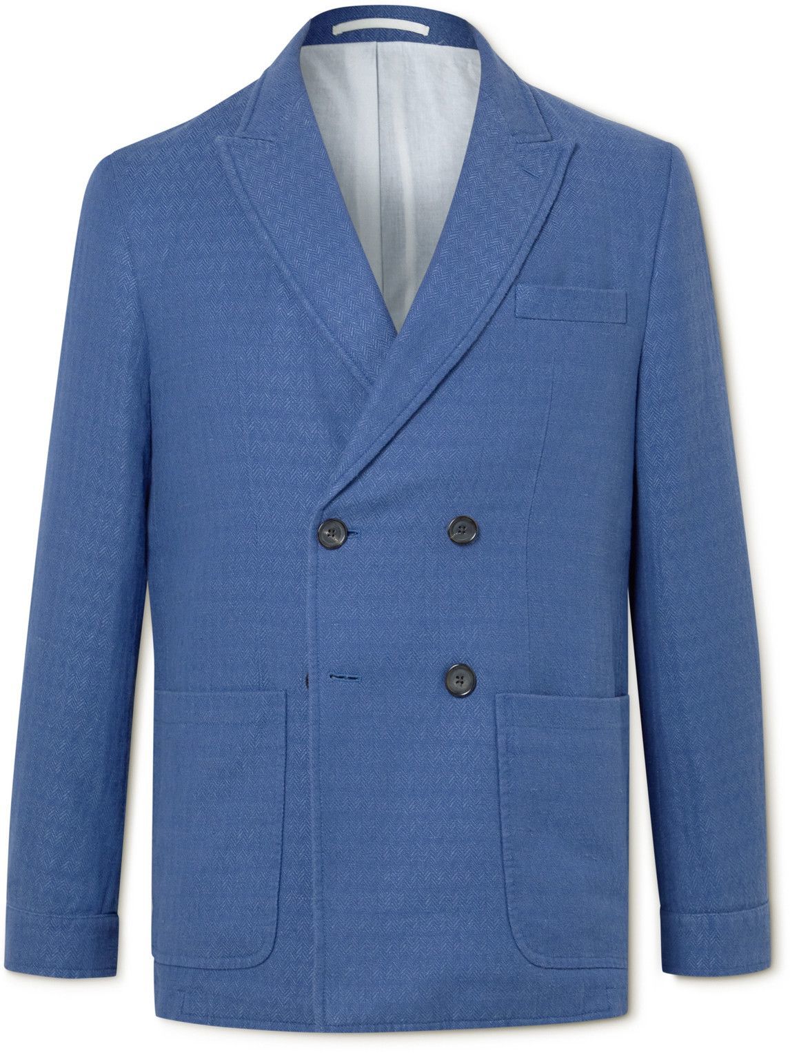 Photo: Oliver Spencer - Slim-Fit Unstructured Double-Breasted Linen and Cotton-Blend Suit Jacket - Blue