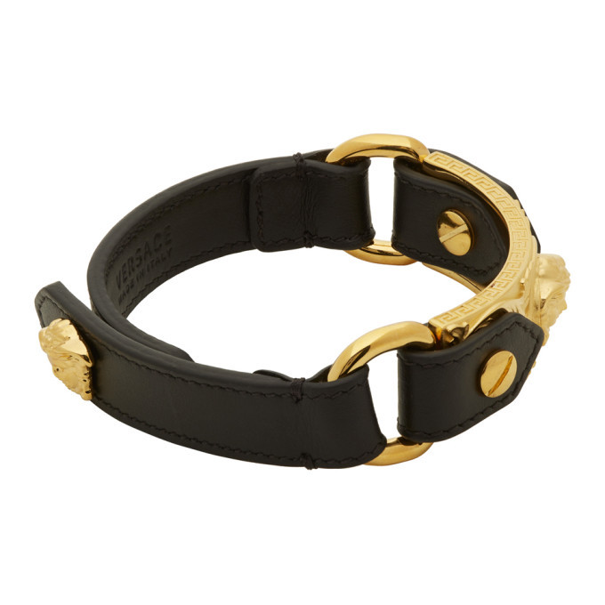 Versace Black and Gold Leather Medusa Bracelet Versace