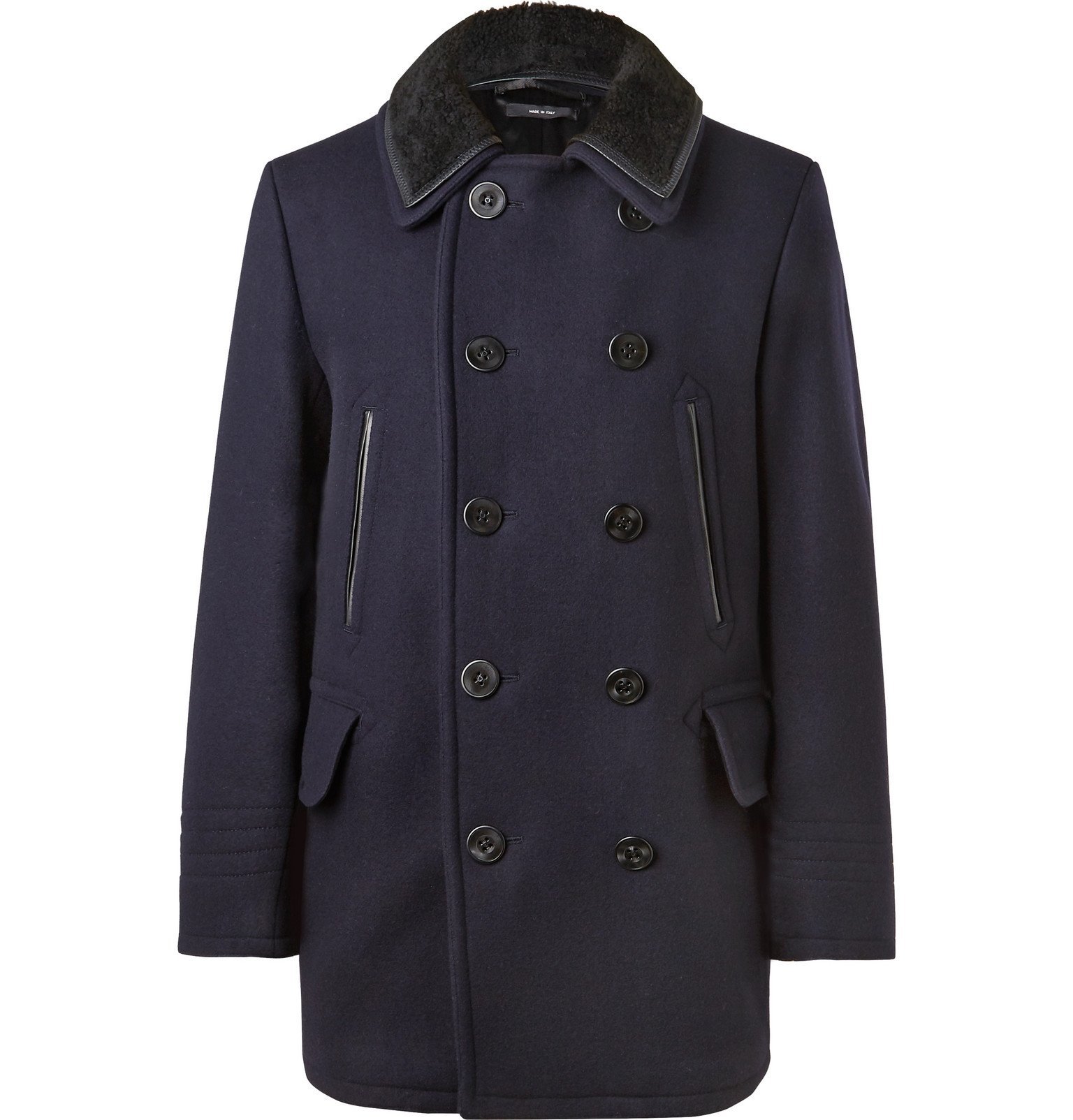 TOM FORD - Shearling-Trimmed Wool-Blend Peacoat - Blue TOM FORD