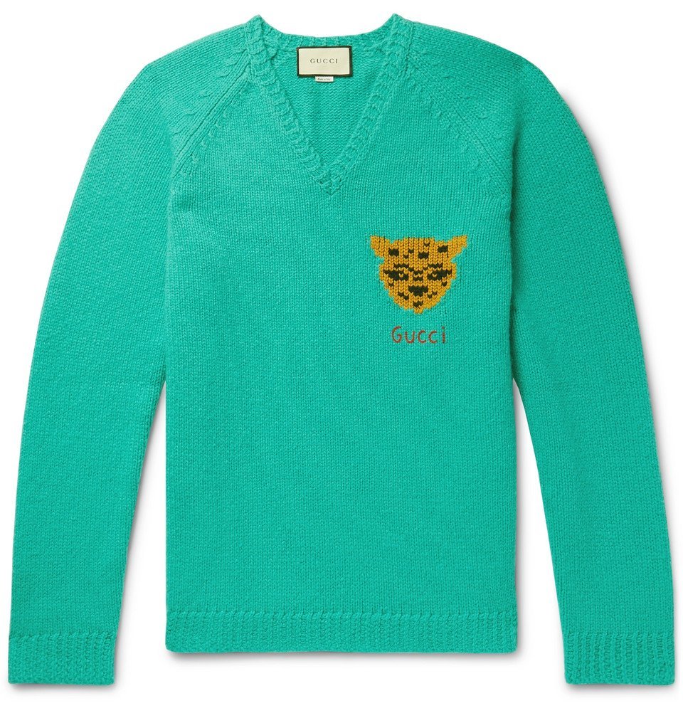 Gucci - Oversized Intarsia Wool Sweater - Men Green Gucci