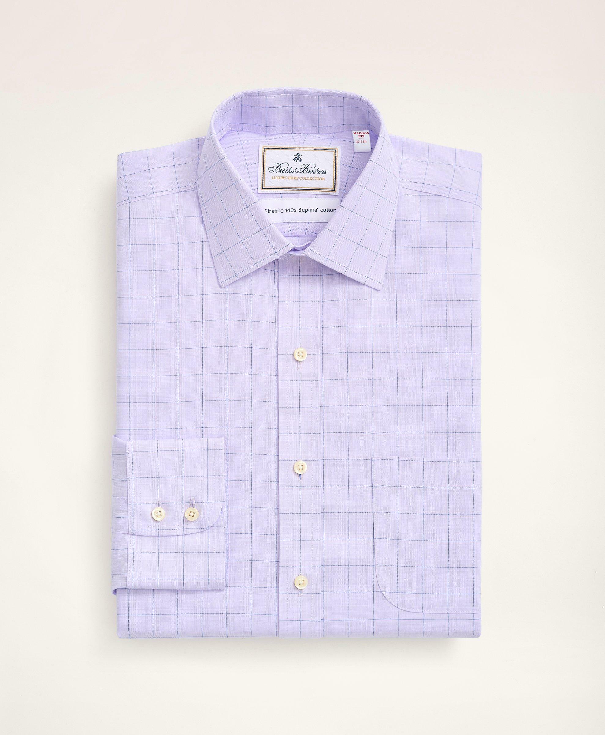 Brooks Brothers Men's Madison Relaxed-Fit Dress Shirt, Non-Iron Ultrafine Twill Ainsley Collar Grid Check | Violet