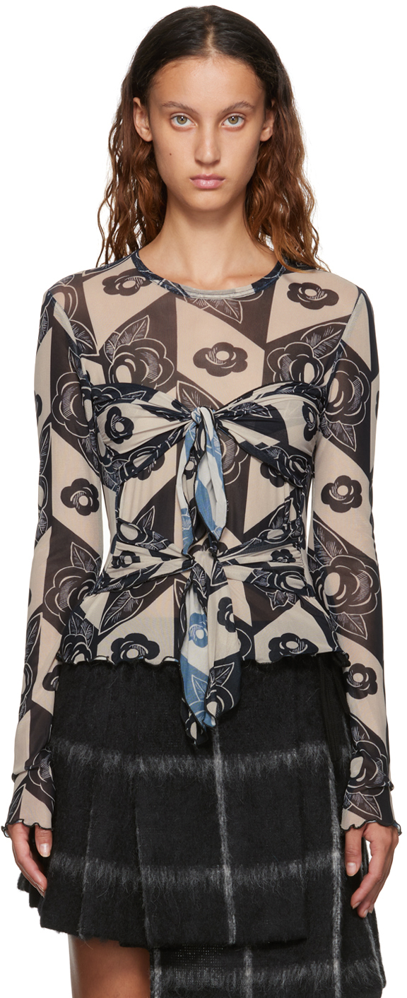 Anna Sui Beige Zig Zag Roses Long Sleeve TShirt Anna Sui