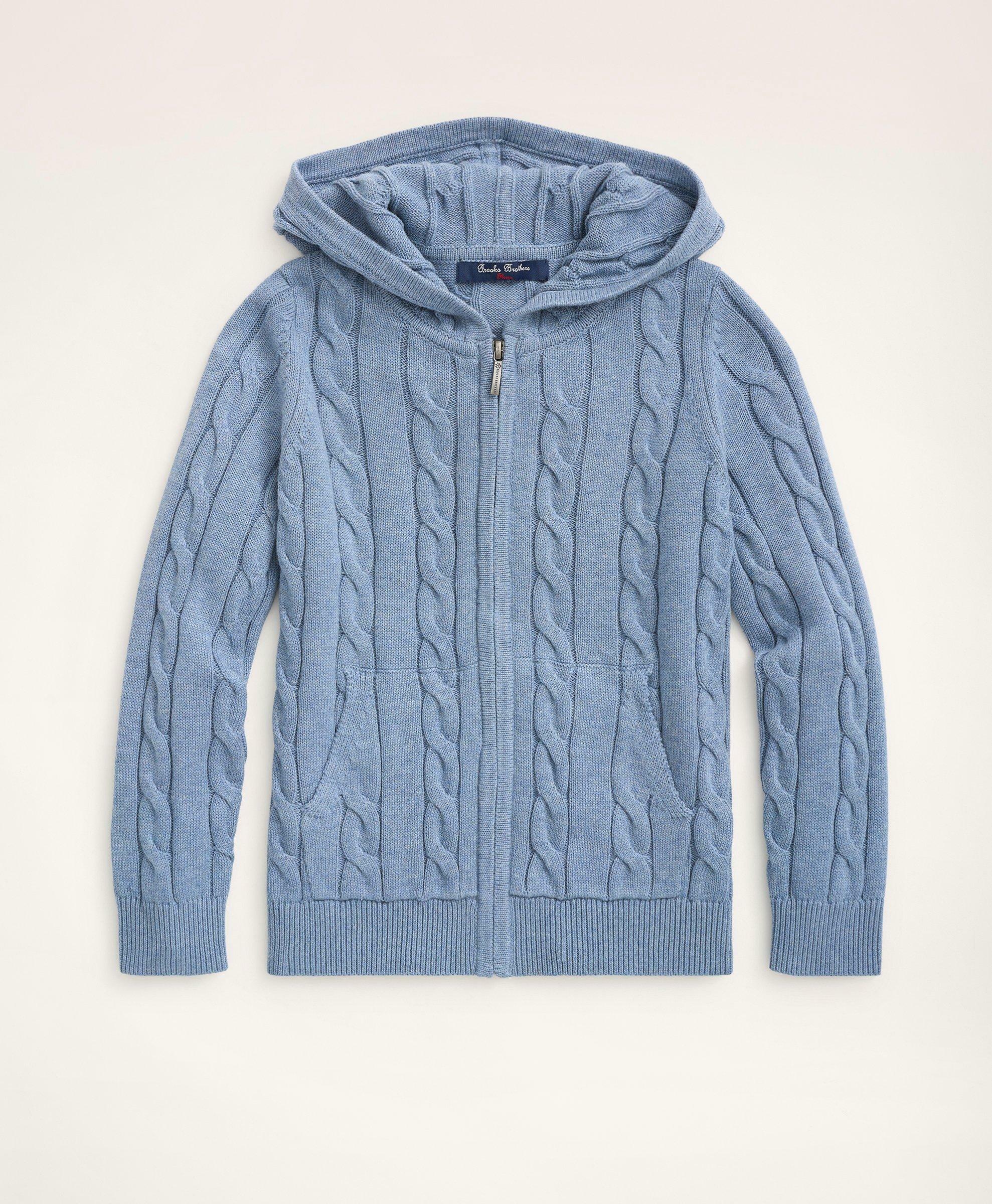 Brooks Brothers Boys Cotton Cable Front-Zip Hoodie | Medium Blue