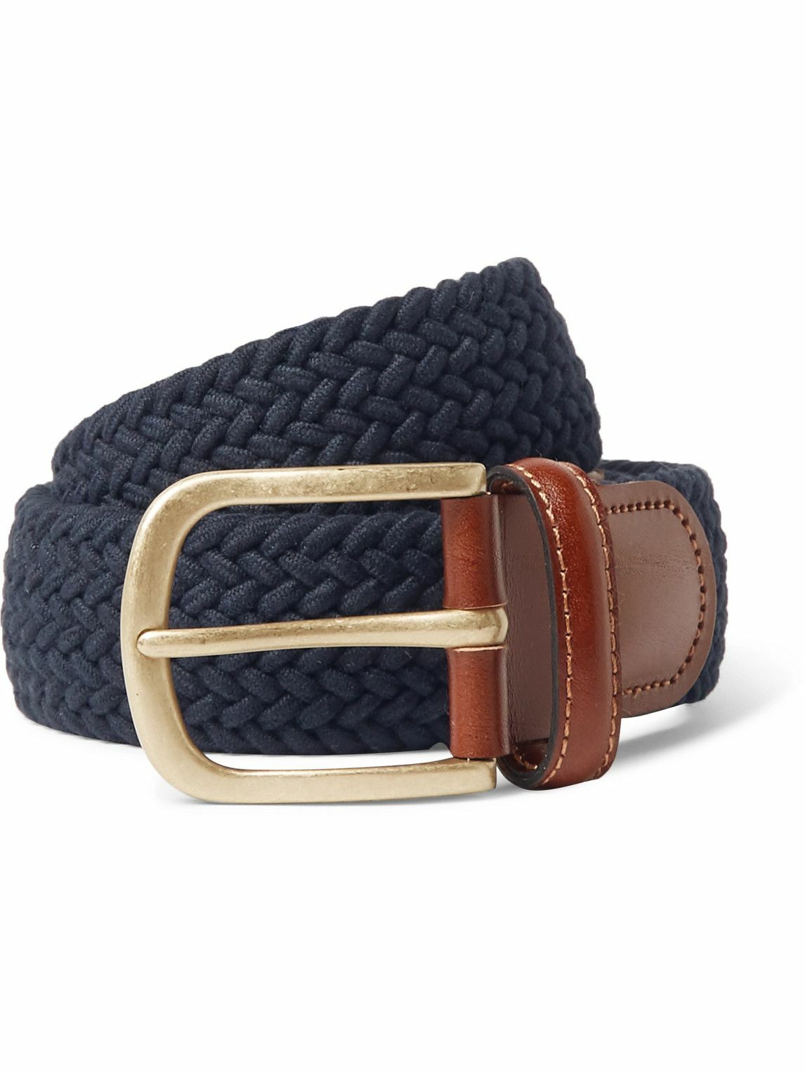 Photo: Anderson & Sheppard - 3.5cm Midnight-Blue Leather-Trimmed Woven Stretch-Cotton Belt - Blue