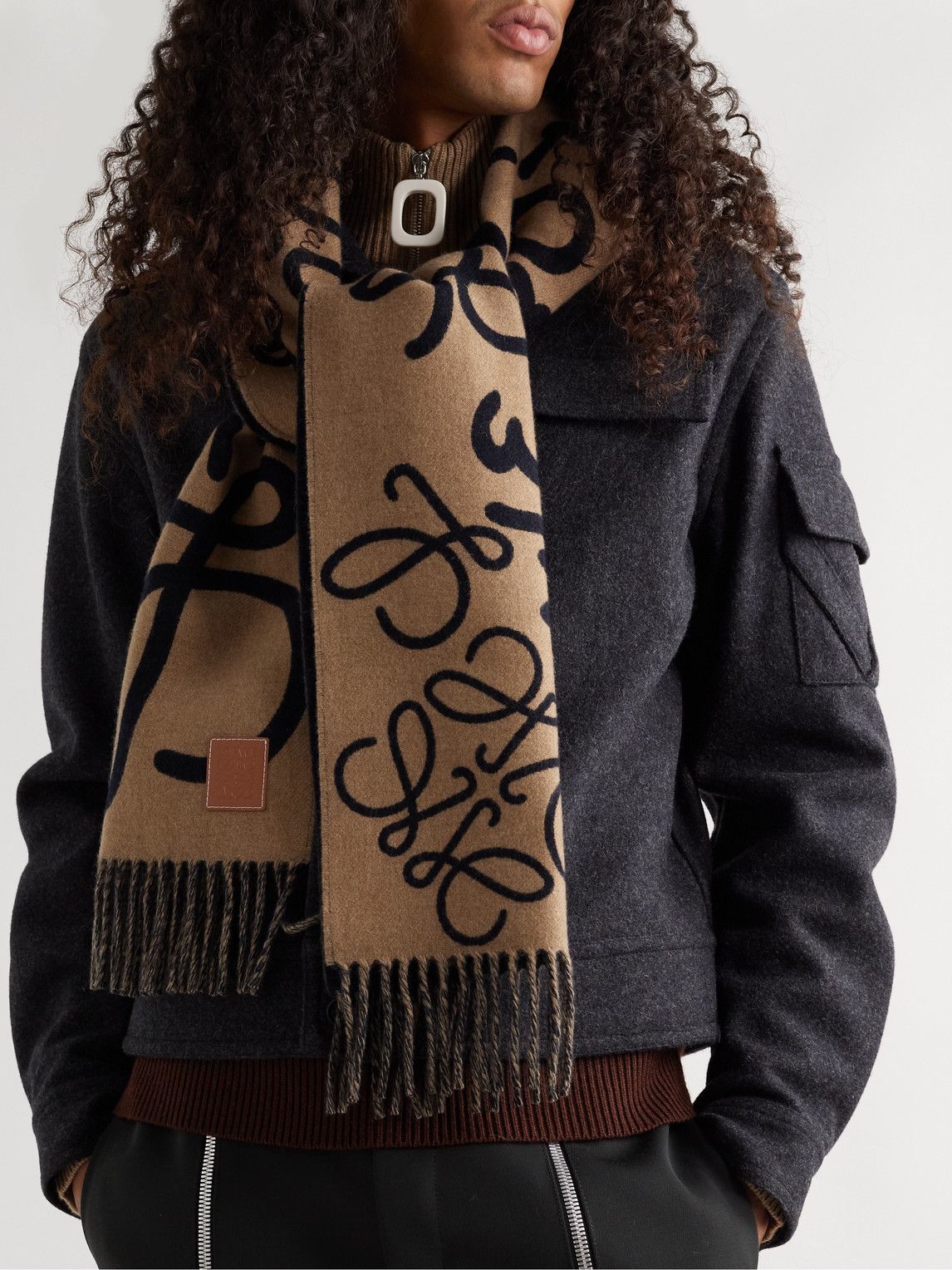 Loewe - Leather-Trimmed Fringed Wool and Cashmere-Blend Jacquard 