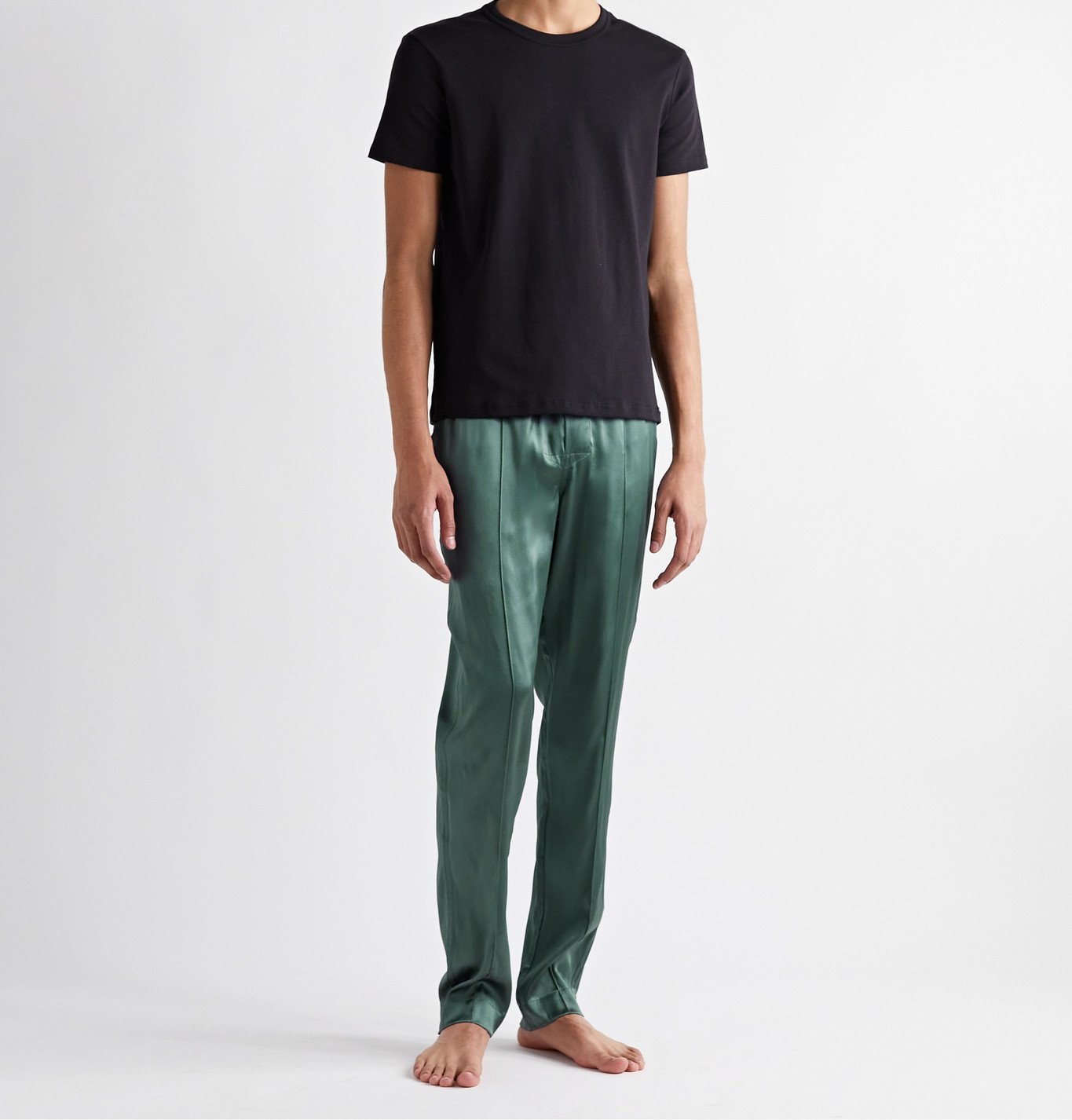 TOM FORD - Velvet-Trimmed Stretch-Silk Satin Pyjama Trousers - Green TOM  FORD