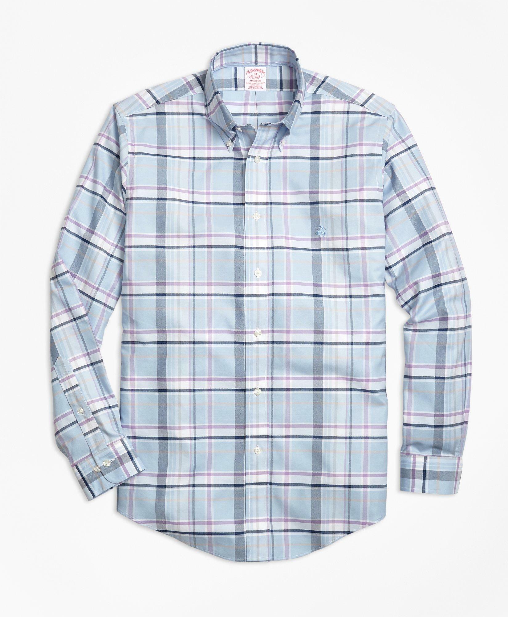 Brooks Brothers Men's Madison Relaxed-Fit Sport Shirt, Non-Iron Plaid | Purple/Blue