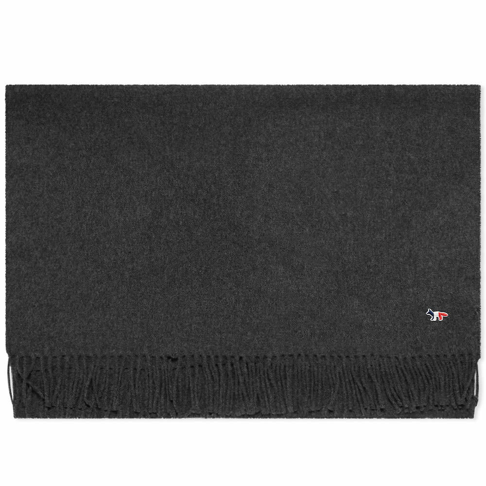 Maison Kitsuné Tricolor Fox Wool Scarf in Anthracite Melange Maison Kitsune