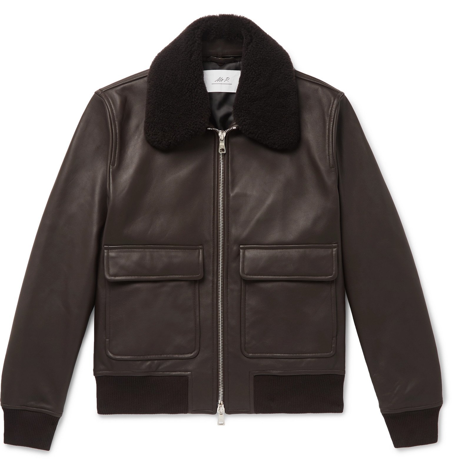 Mr P. ShearlingTrimmed Leather Bomber Jacket Brown Mr P.