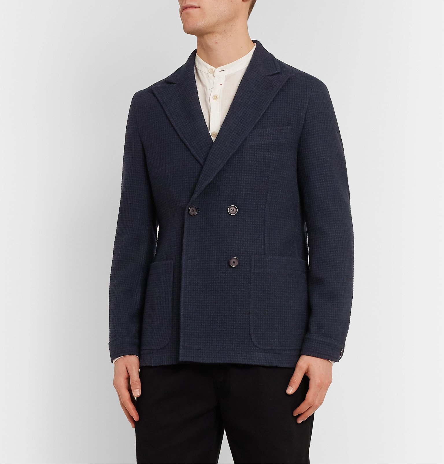 Oliver Spencer - Navy Onslow Unstructured Double-Breasted Basketweave Wool and Cotton-Blend Blazer - Blue