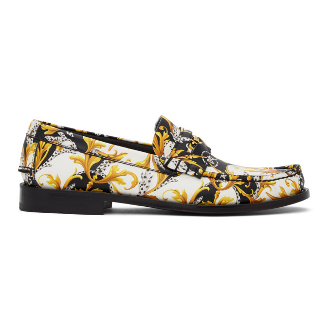 white and gold versace loafers