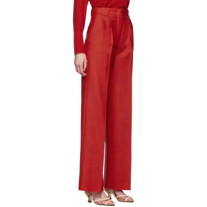 red high waisted flared trousers