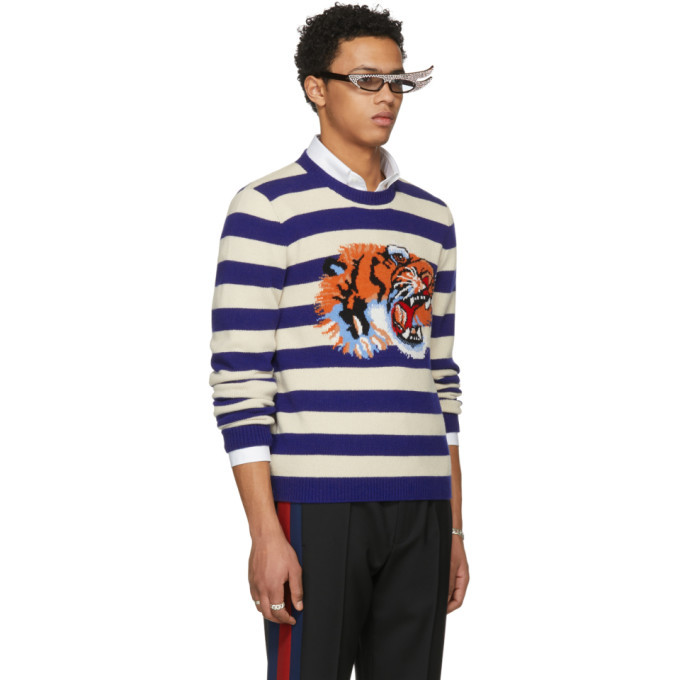 Gucci Blue and Beige Striped Loved Tiger Sweater Gucci