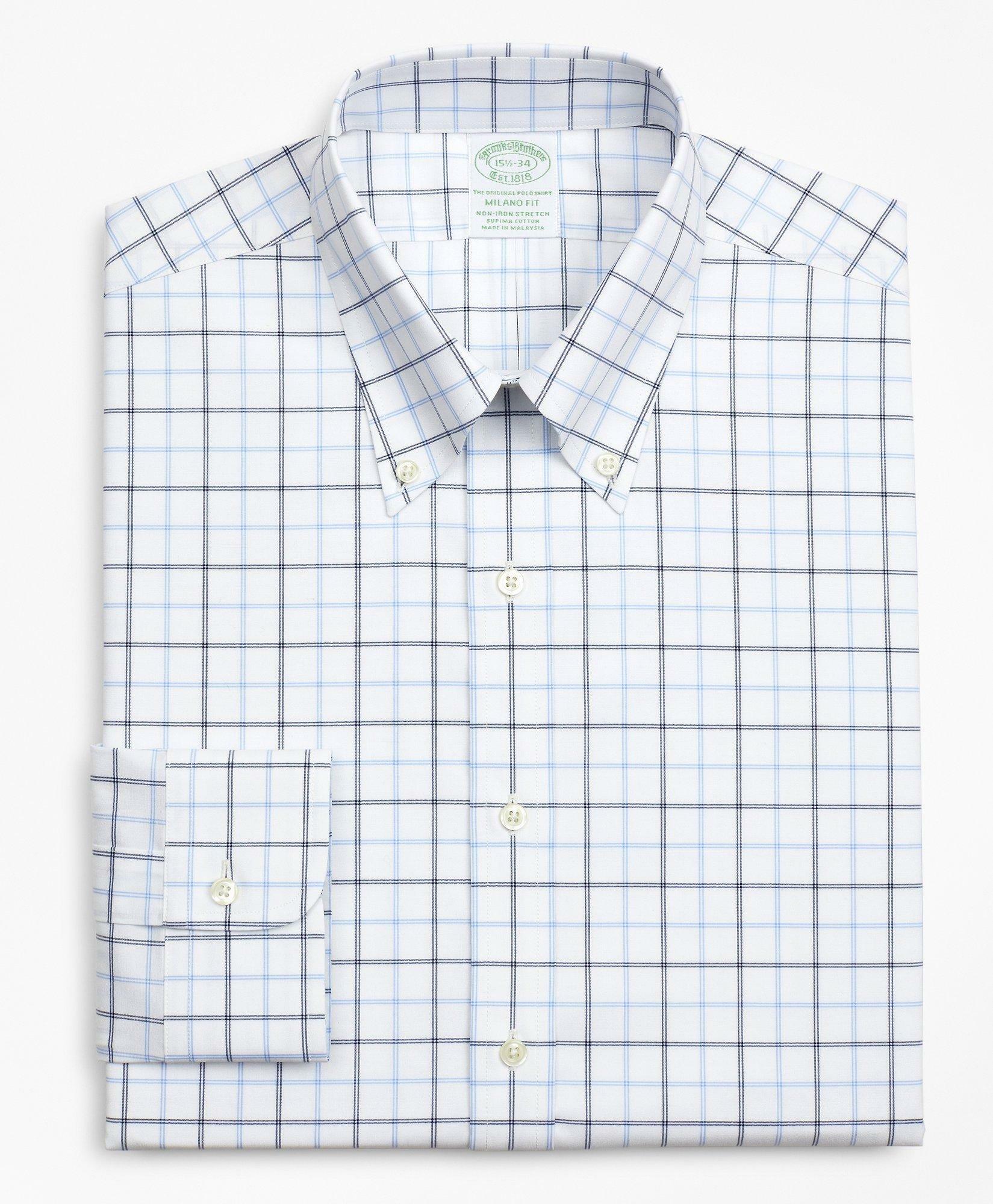 Brooks Brothers Men's Stretch Milano Slim-Fit Dress Shirt, Non-Iron Poplin Button-Down Collar Double-Grid Check | Blue