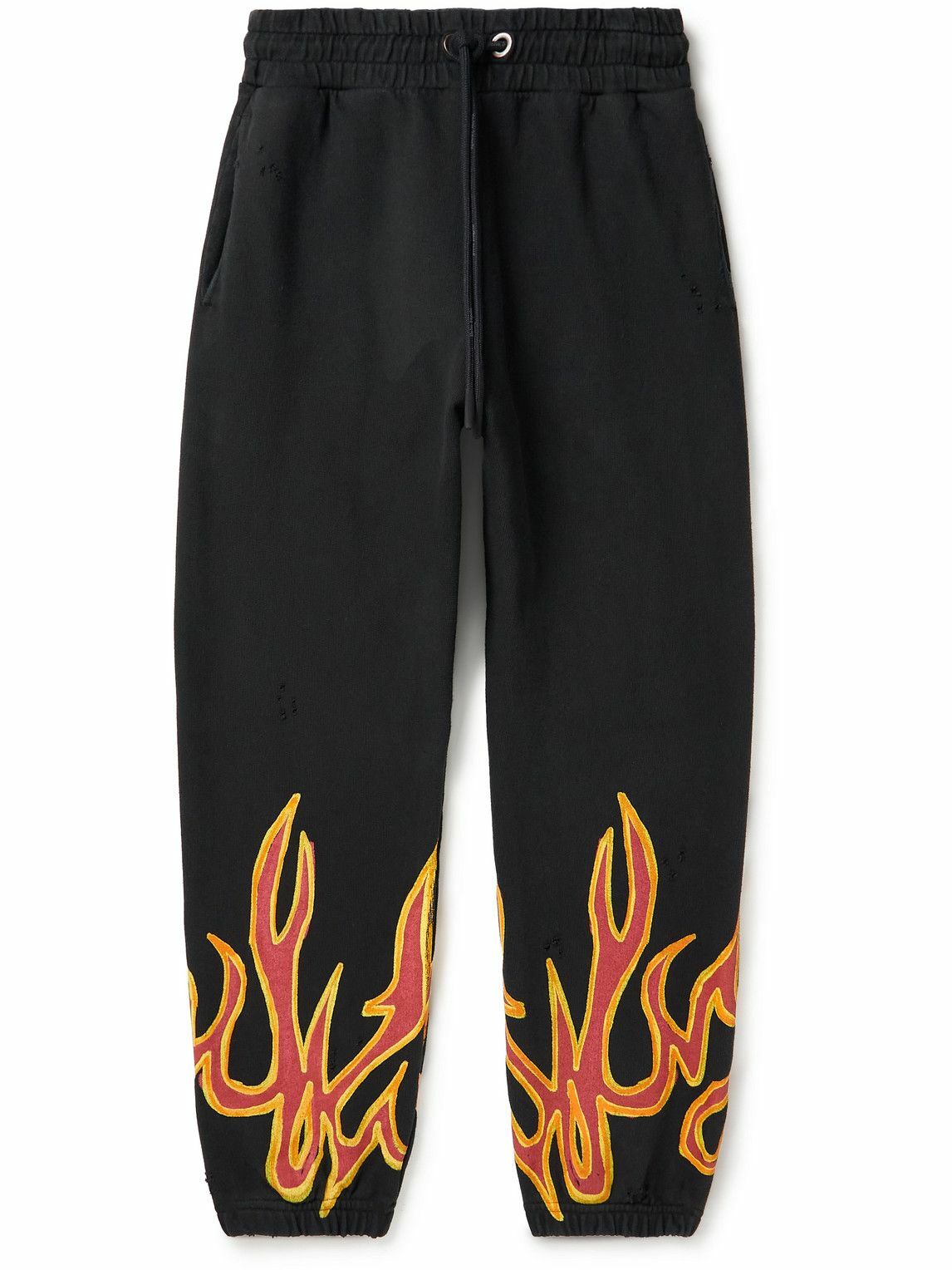 Photo: Palm Angels - Tapered Printed Distressed Cotton-Jersey Sweatpants - Black