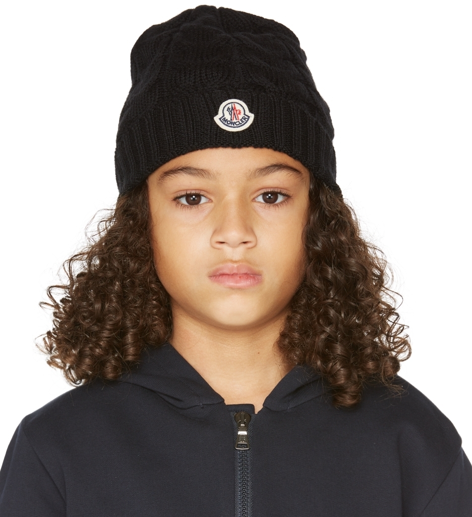 Black Cable Knit Wool Beanie Moncler Enfant