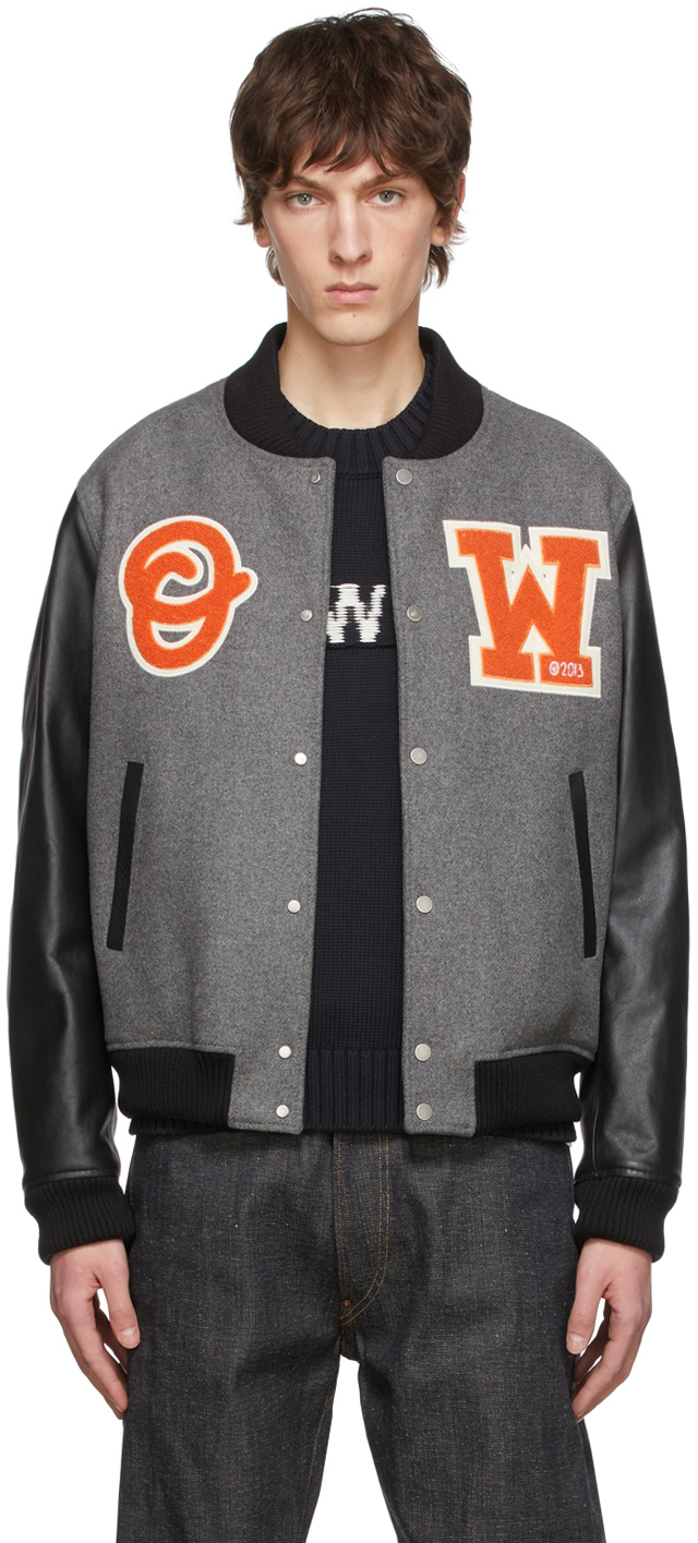 Off-White Grey Wool Varsity Bomber Jacket Off-White