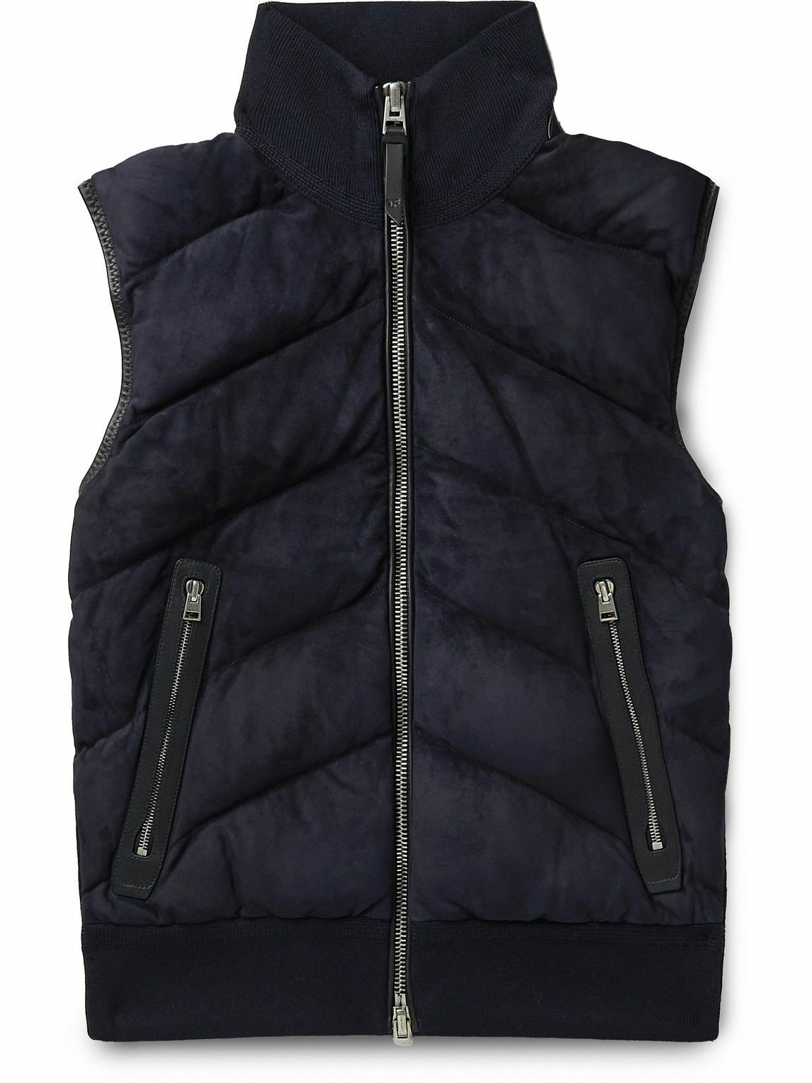 Photo: TOM FORD - Leather-Trimmed Quilted Suede and Wool Down Gilet - Blue