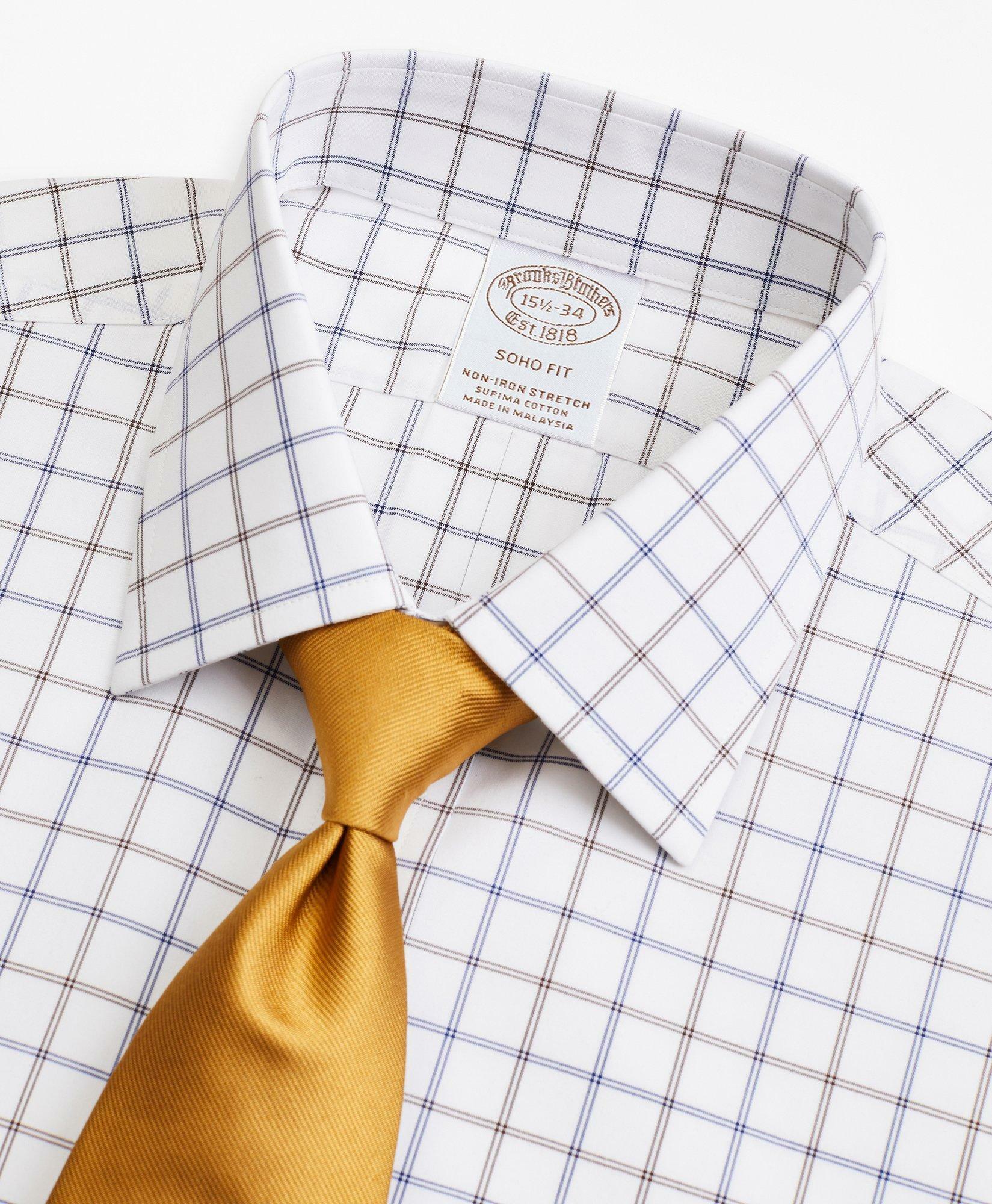 Brooks Brothers Men's Stretch Soho Extra-Slim-Fit Dress Shirt, Non-Iron Poplin Ainsley Collar Double-Grid Check | Brown