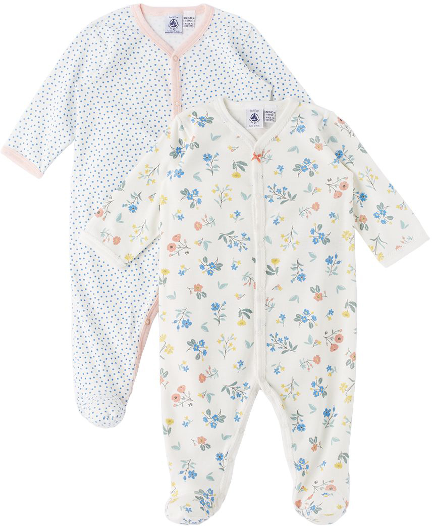 Petit Bateau Baby Two-Pack White & Off-White Floral Sleepsuits