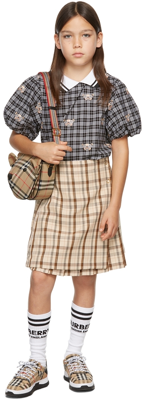 Photo: Burberry Kids Beige Check Logo Print Lianne Pleated Skirt
