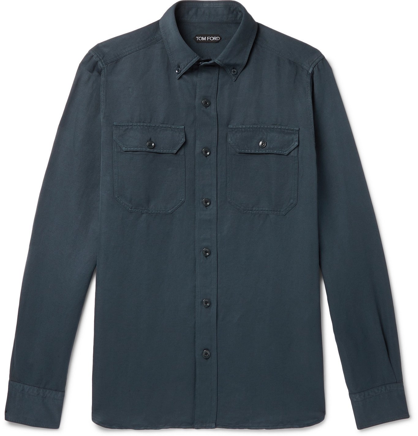 TOM FORD - Slim-Fit Button-Down Collar Garment-Dyed Linen and Cotton-Blend  Shirt - Blue TOM FORD
