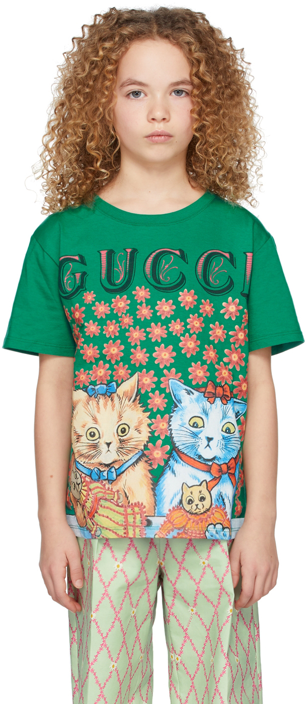 Gucci Kids Green Cotton Cat Print T-Shirt Gucci
