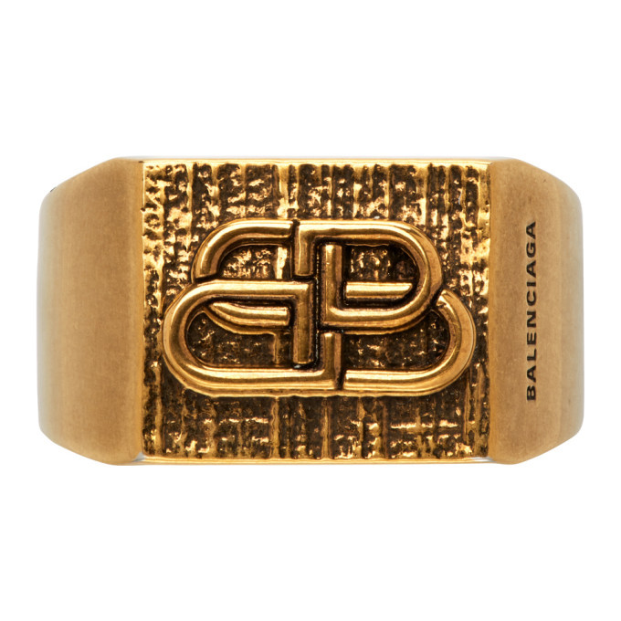 Balenciaga Gold Textured BB Ring Balenciaga