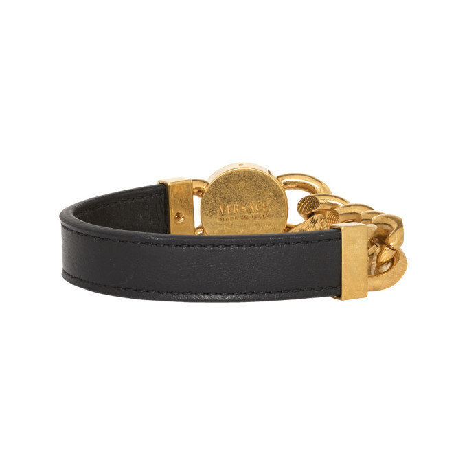 Versace Black and Gold Leather Medusa Bracelet Versace