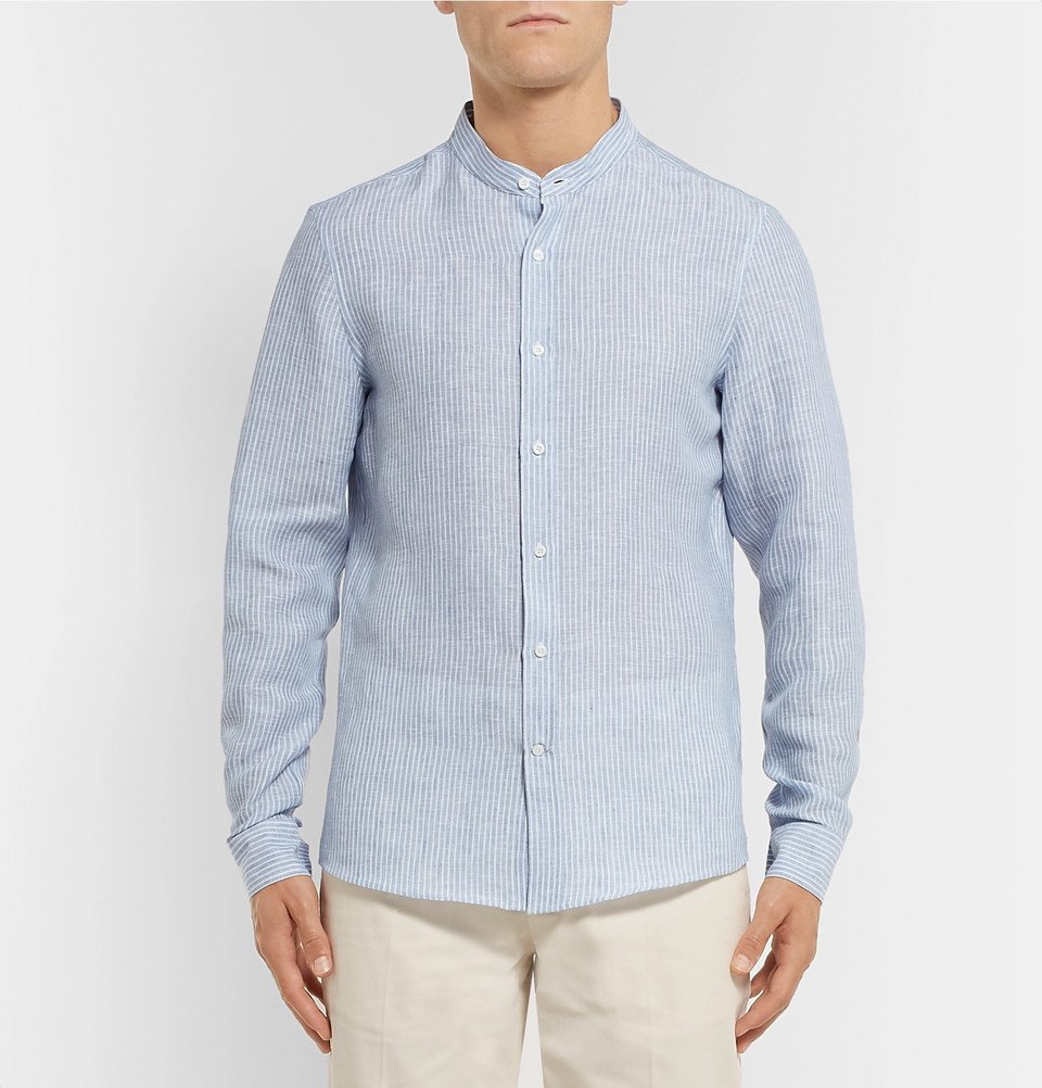 Brunello Cucinelli - Slim-Fit Grandad-Collar Pinstriped Linen Shirt ...