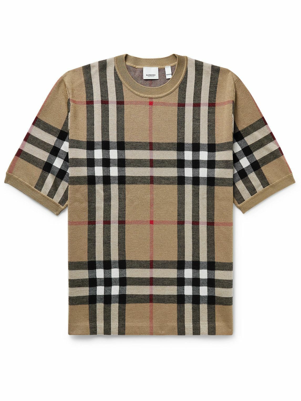 Burberry - Checked Birdseye Silk and Wool-Blend T-Shirt - Neutrals Burberry