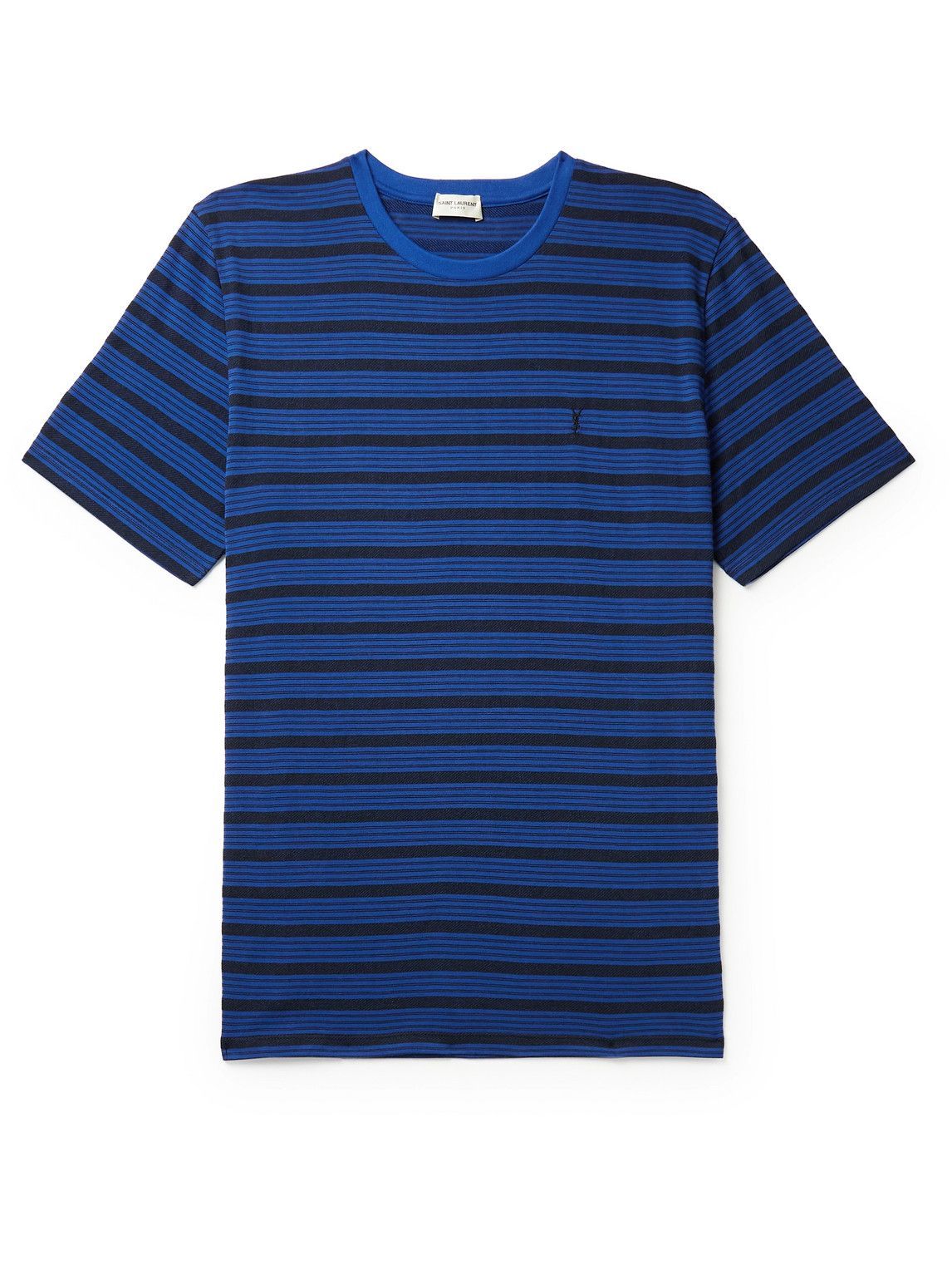 SAINT LAURENT - Logo-Embroidered Striped Cotton-Jersey T-Shirt - Blue ...